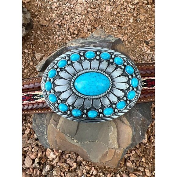 TURQUOISE LARGE CONCHO T-bird WESTERN SILVER BELT ADJUSTABLE BUCKLE MEN WOMEN - Picture 9 of 11